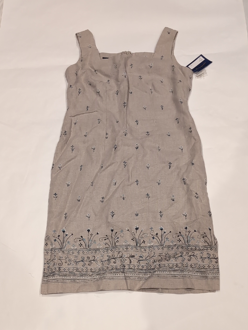 Charter Club Beige Linen Dress with Blue Floral Print - 10